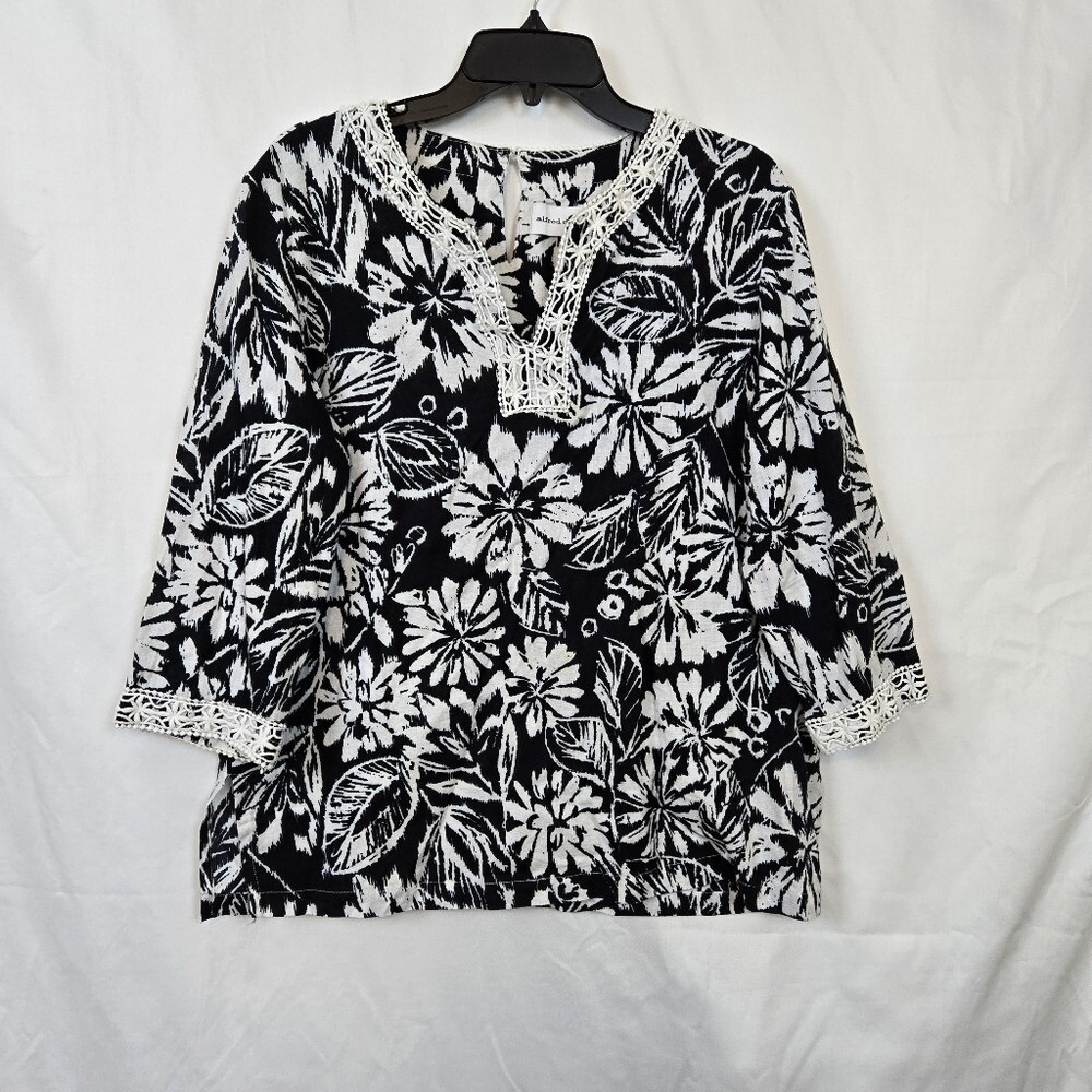 Alfred‎ Dunner Womens Black White Floral Crochet Trim 3/4 Sleeve Cotton Top 14